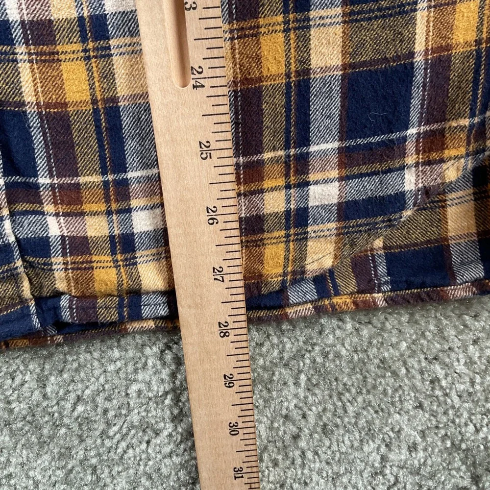 J Crew‎ Flannel Long Sleeve Shirt Plaid Navy Gold Brown Mens Medium
